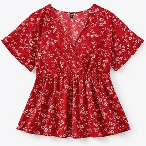 Women's Red Floral Wrap Peplum Top
